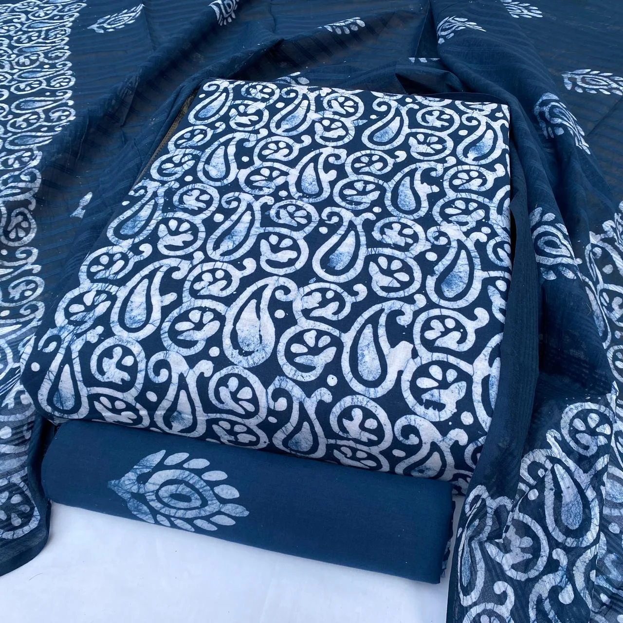 Indigo batik dress material with hand-printed ambi paisley motifs